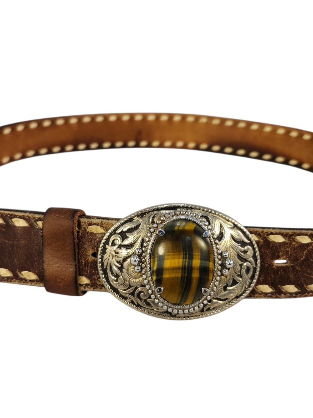 JUSTIN BOOT CO WOMEN DISTRESSED BELT WITH TIGER EYE BUCKLE WESTERN COWGIRL SZ 36